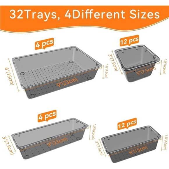 32 PCS Clear Drawer Organizer Set Storage Bins Desk Makeup Jewelry Office Kitche - Picture 3 of 7